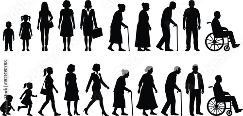 Human life stages silhouettes from childhood to old age including walking elderly and wheelchair isolated on white background life cycle aging concept illustration