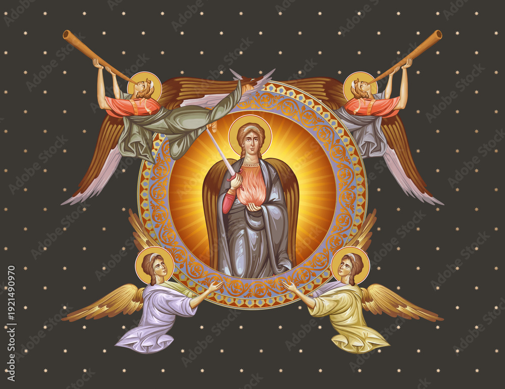 Naklejka premium Archangel Uriel. Decorative vintage illustration with angels in Byzantine style
