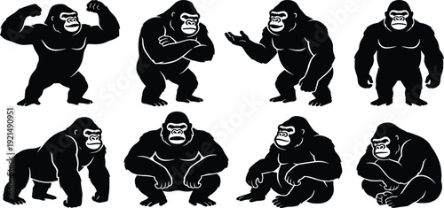 Set of black gorilla silhouette illustrations showing diverse poses and expressive stances with white facial highlights perfect for animal design artwork