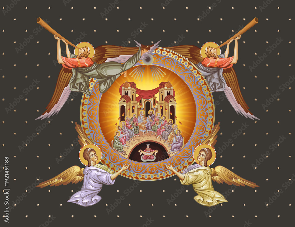Naklejka premium Pintecost. White Sunday. Decorative vintage illustration with angels in Byzantine style