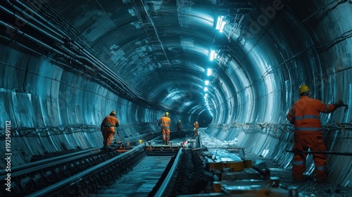 Workers in Orange Vests Maintaining Underground Tunnel Infrastructure.