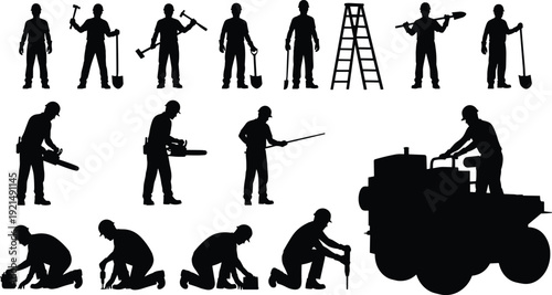 Industrial construction worker silhouettes set, builders with tools, road rollers, carpenters, laborers, maintenance staff, site engineering icons, cad drawing flat vector illustration,