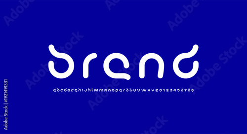 Technology font, digital cyber alphabet, rounded white letters A, B, C, D, E, F, G, H, I, J, K, L, M, N, O, P, Q, R, S, T, U, V, W, X, Y, Z and numerals 0, 1, 2, 3, 4, 5, 6, 7, 8, 9 space style