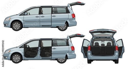 Silver Minivan Multiple Views Open Doors.