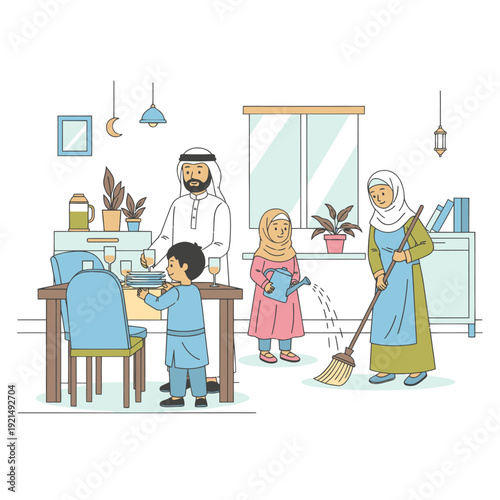A family cleaning and having dinner together.