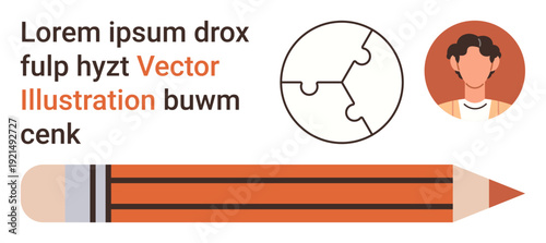 Creativity, education, teamwork, learning tools, problem-solving, personal profile. A puzzle globe, profile avatar and pencil displayed in a modern style. Creativity and education concepts