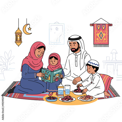 Muslim family breaking fast during Ramadan.