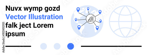 Blue globe with pin markers linked to a central graph, abstract wireframe globe. Ideal for global communication, connection, data analysis, business, technology, innovation, simple landing page