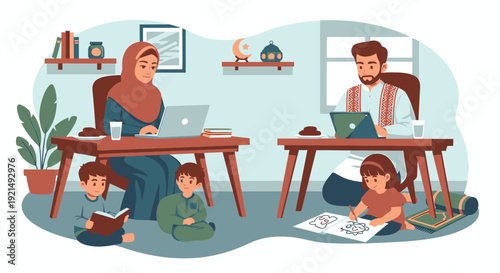 Family with kids working and studying together at home.