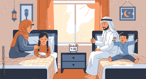 Family in traditional Arabic clothing relaxing.