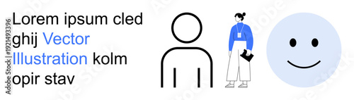 Branding, workplace communication, career development, social interaction, team dynamics, positive emotions. A simple person outline, a professional woman and a smiling face icon. Workplace