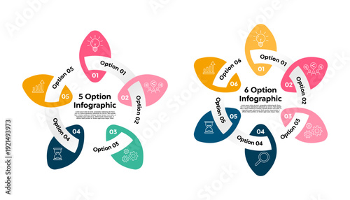 Vector circle round infographic 5, 6 option step set collection series for presentation templates, processes, banners, posters, ui ux, business icons, annual reports. Vector editable
