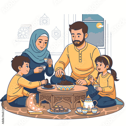 A Muslim family sharing a meal together.