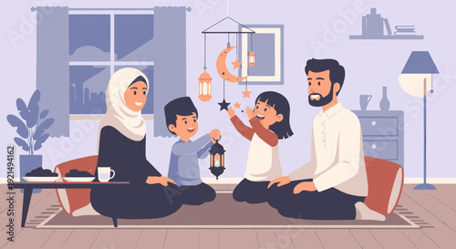 Muslim family celebrating Ramadan together at home.