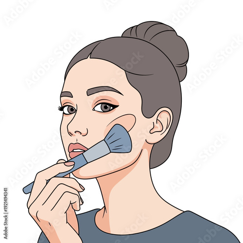 A woman applying blush to her cheek with a makeup brush, showcasing a beauty routine.