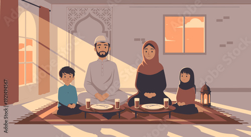 Muslim family breaking fast together at home.