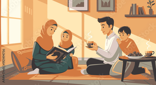 Family reading and drinking coffee together.