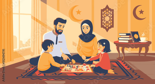 A Muslim family playing together indoors during Ramadan.