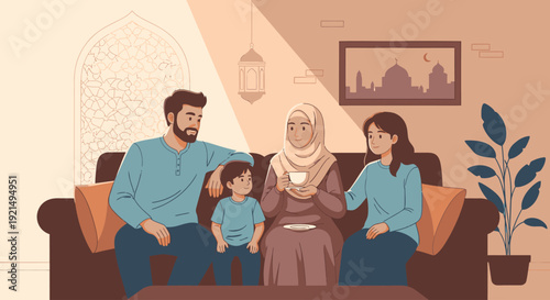 A family sitting on the couch together.