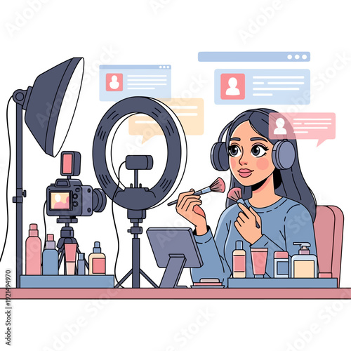 A young woman vlogger creating a beauty tutorial with professional lighting and camera setup, surrounded by makeup products for her online audience.