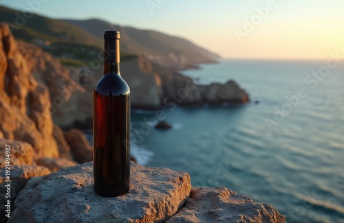 A solitary bottle of red wine sits on a rocky cliff overlooking a calm sea at sunset. The ocean stretches to the horizon, reflecting the warm, golden light of the setting sun.