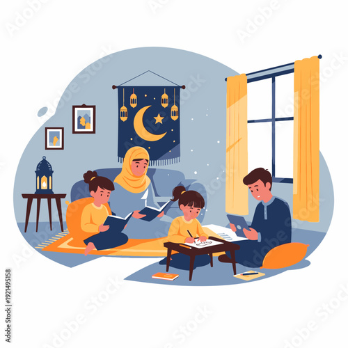 Family reading together on the floor at home.