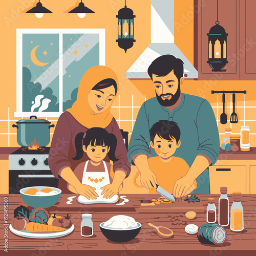 A family cooking together in kitchen.