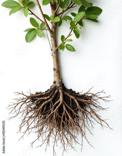 Small tree with green leaves and extensive root system above ground. Brown branches spread out, revealing soil clinging to intricate roots. Isolated on a clean white background.