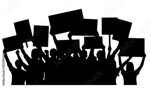 Crowd Demonstration Silhouette with Blank Banners and Protest Placards Vector