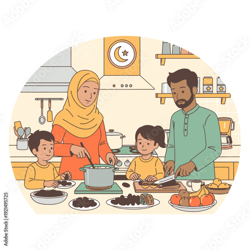 Muslim family cooking together at home.