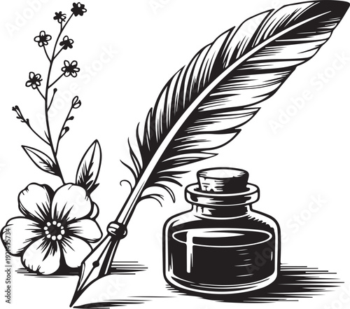 Antique Feather Pen with Ink Bottle Illustration