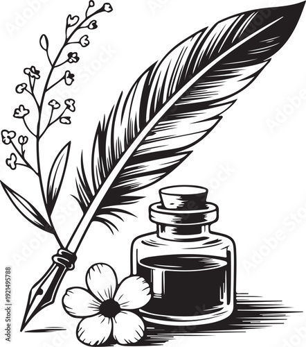 Vintage Quill and Inkwell Sketch