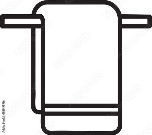 Simple line illustration of a towel hanging on a rack, viewed from the front, in a minimalist style
