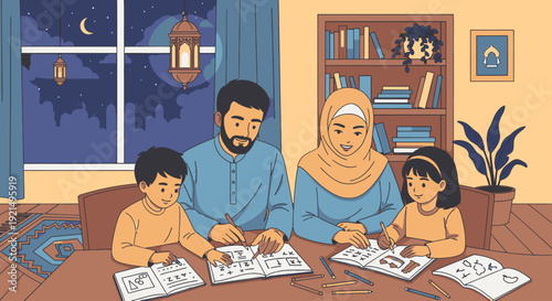 Muslim family reading together at home.