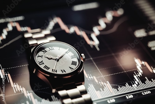 A wristwatch rests on a fluctuating stock market graph. Dark tones dominate, highlighting the watch’s details.