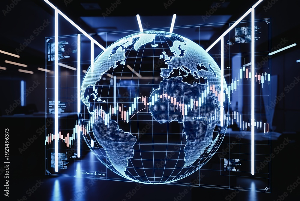 Fototapeta premium A glowing globe displays fluctuating stock charts within a futuristic, digital setting.