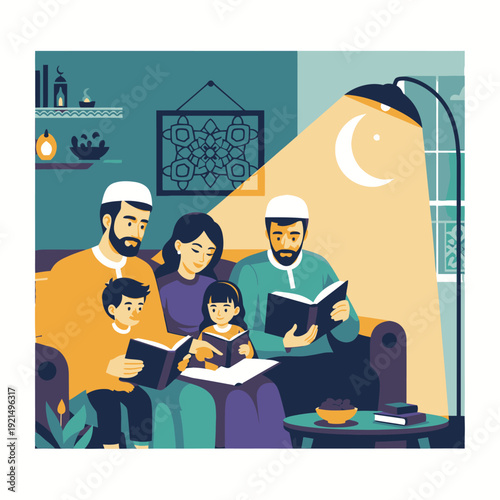 Muslim family reading Quran together at home.