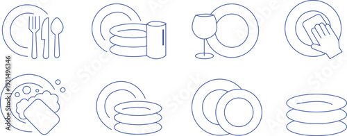 Kitchen Line Icon Set – Restaurant Dishwashing and Tableware Vector Collection Dishwashing Icons Pack – Clean Plates and Cutlery Outline Symbols Restaurant Kitchen Outline Icons – Tableware and Cleani