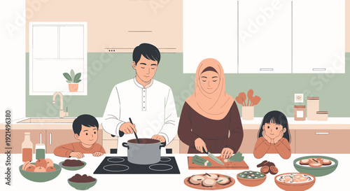 happy family cooking together in kitchen.