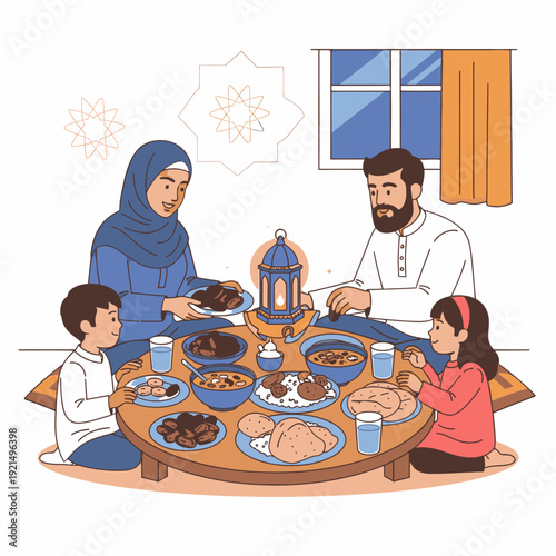 Family breaking fast during Ramadan at home.