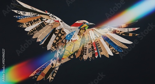 Bird made of newsprint and paper collage flying against dark background with rainbow light