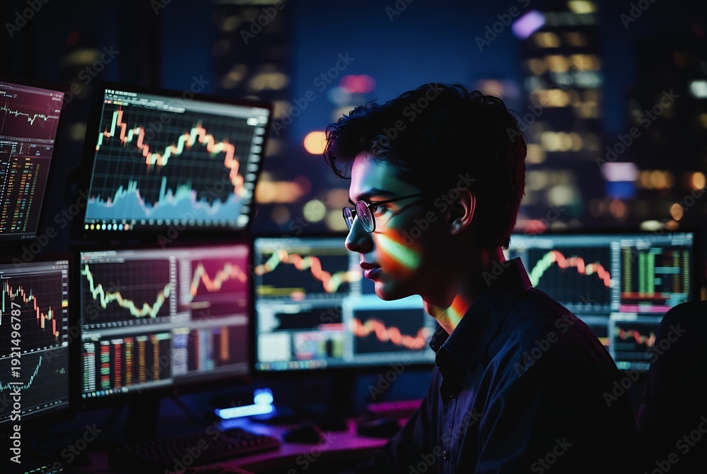 Fototapeta premium A young man intently monitors multiple stock charts in a dark office, illuminated by glowing screens.