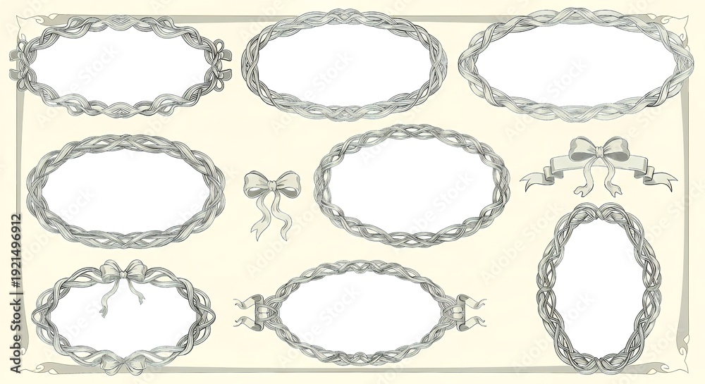 Obraz premium A collection of vintage oval frames and bows on a cream background
