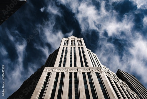 A towering skyscraper pierces a dramatic, cloudy sky. The building’s facade contrasts with the blue-grey clouds.