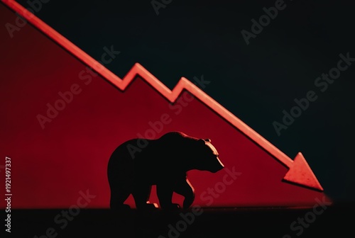 A bear silhouette descends a red, downward-pointing arrow, symbolizing market decline.