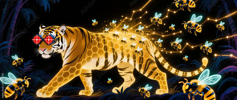Obraz premium Golden Tiger with Sparkling Bee Swarm – Creative Animal Concept