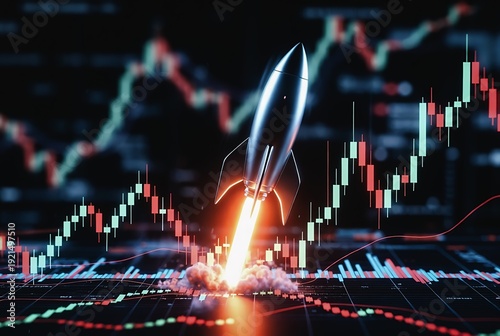 A rocket blasts upwards through a stock market chart, symbolizing rapid growth and investment.