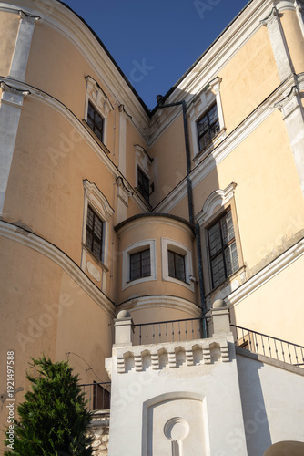 Architectural corner detail of Mikulov Castle with round turret