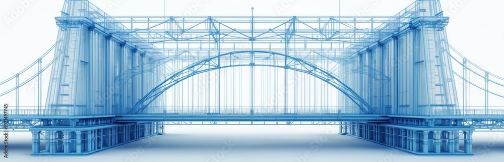 Fototapeta premium Blue wireframe model of a suspension bridge. Structure shows stress points under load. Digital engineering analysis for safe design. Blueprint schematic.
