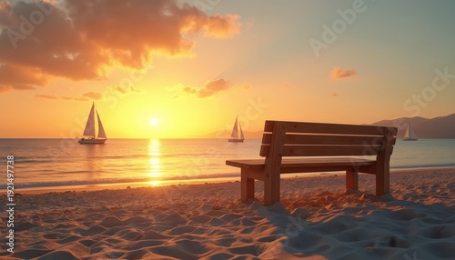 Wooden bench on sandy beach faces calm ocean with sailboats at sunset. Warm golden light reflects on water. Sky shows orange clouds and blue gradient. Peaceful seascape view.